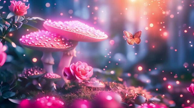Magical fantasy mushrooms and butterfly in enchanted fairy tale dreamy elf forest. Mysterious background, shiny glowing stars and moon rays in night. Fairytale concept	
