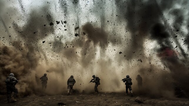 Intense battlefield scene with soldiers advancing through smoke and explosions, capturing the chaos and urgency of war.