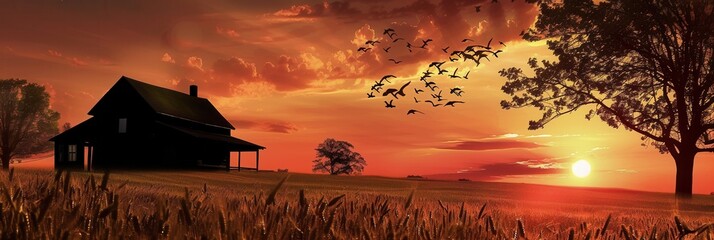 A rustic farmhouse silhouetted against a vibrant sunset sky, creating a serene scene perfect for agritourism. Generative AI