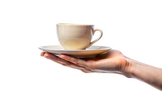 A hand holding a white mug with a hot beverage, possibly tea