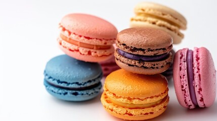Fototapeta premium A close-up of colorful macarons stacked in a neat pile on a white background, showcasing their vibrant colors and delicate texture.