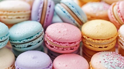 Obraz premium A close-up of colorful macarons stacked in a neat pile on a white background, showcasing their vibrant colors and delicate texture.
