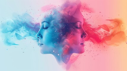 A digital artwork of two human faces looking in opposite directions, with vibrant blue and pink hues blending into a cloud-like effect.