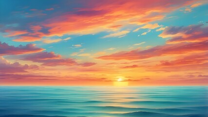 Obraz premium A beautiful, dreamy summer sunset or dawn sky with shades of teal blue, orange, and yellow over the ocean's horizon. A fantasy, colorful panoramic sunset sky with rich, gradient hues. serene and uplif