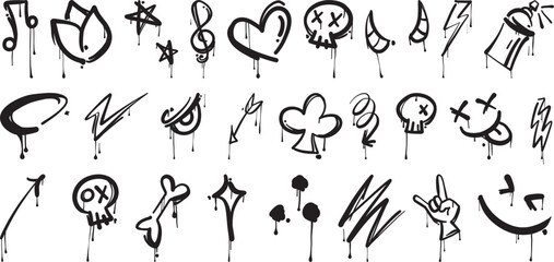 Collection of graffiti icons Featuring flower,star, varrow,hear,skull and Other Creepy Elements with Dripping Effects © Waqas