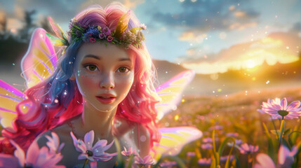 Fototapeta premium Fairy girl with wings in heavenly idyllic blooming meadow