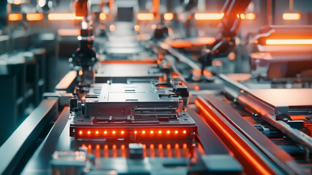 Automated production line robot arms transporting automotive battery modules onto conveyor belt. Electric car battery pack manufacturing process	