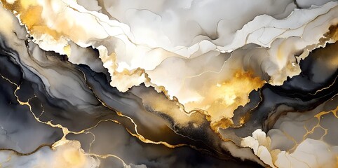 Fototapeta premium A close-up of an abstract art piece featuring swirling patterns of gold and grey ink