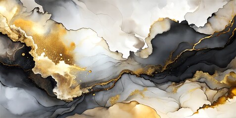 Obraz premium A close-up of an abstract art piece featuring black, white, and gold swirling liquid paint