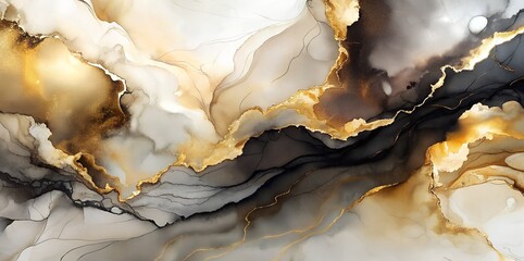 Obraz premium Abstract art featuring swirls of golden ink on a black and white background