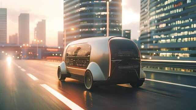 Futuristic car. Autonomous self driving moving through city highway. Electric car	