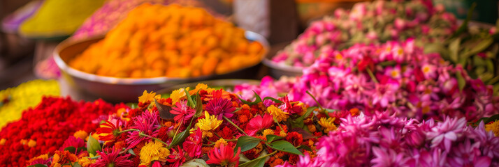 Fototapeta premium Vibrant Flowers and Spices at Colorful Traditional Market Stall