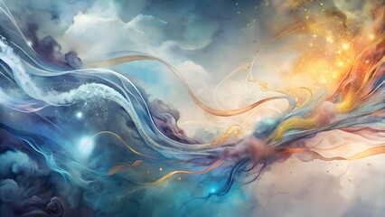 A digital painting featuring a swirling abstract design in shades of blue, purple, and gold