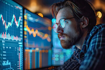 Picture of a financial operations manager analyzing the stock market through graphs on different screens