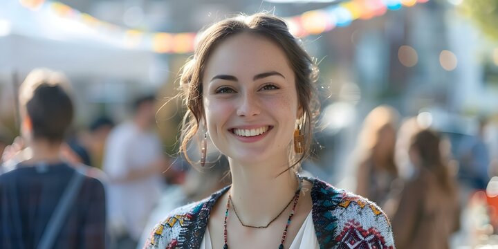 Mid shot of happy woman in 30s chic cardigan at block party. Concept Fashion Photography, Street Style, Cardigan Chic, Block Party Glamour, Happy Woman - Powered by Adobe