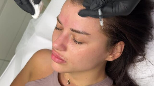 Beauty clinic. Beautician hands in gloves making face aging injection in a female skin. A woman gets beauty facial cosmetology procedure. Botox. collagen injections. Shot in 4k