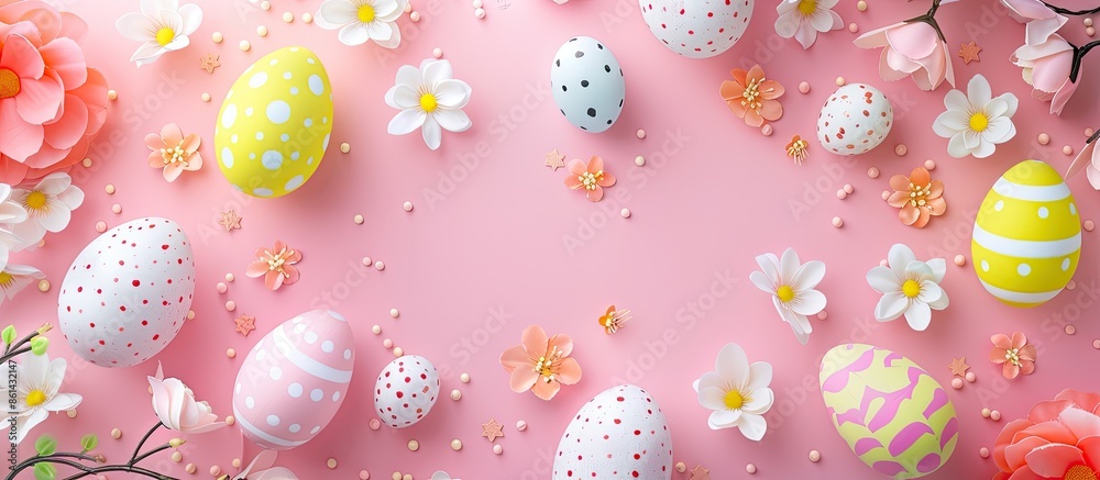 Poster easter-themed artwork with festive easter eggs, greeting card, and pink background for a cheerful ha