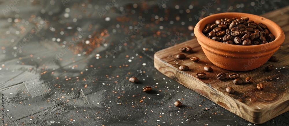 Poster close-up of coffee beans in a clay bowl on a wooden board with a textured copy space image on a blac