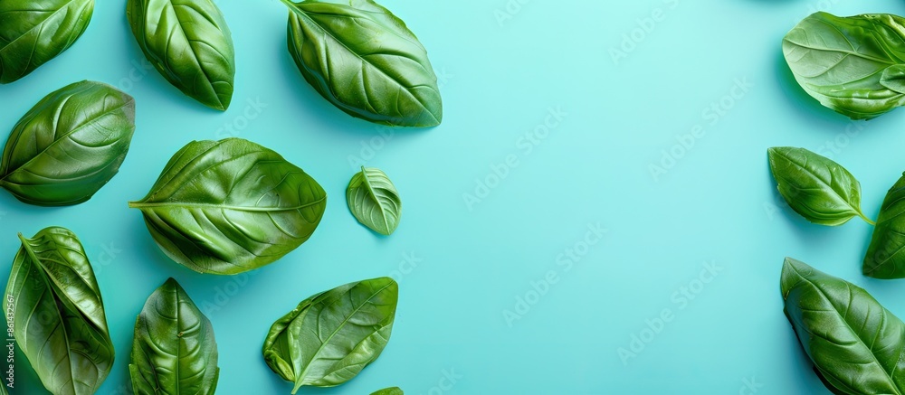 Aufkleber basil leaves on a bright backdrop with copy space image.