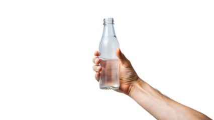 A hand grasps a water bottle