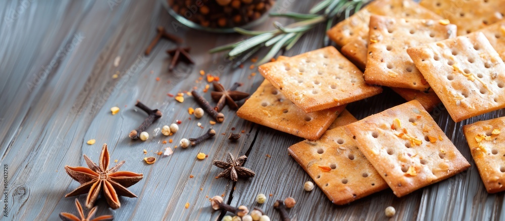 Poster Crackers with spices displayed on a gray wooden surface, ideal for a copy space image.