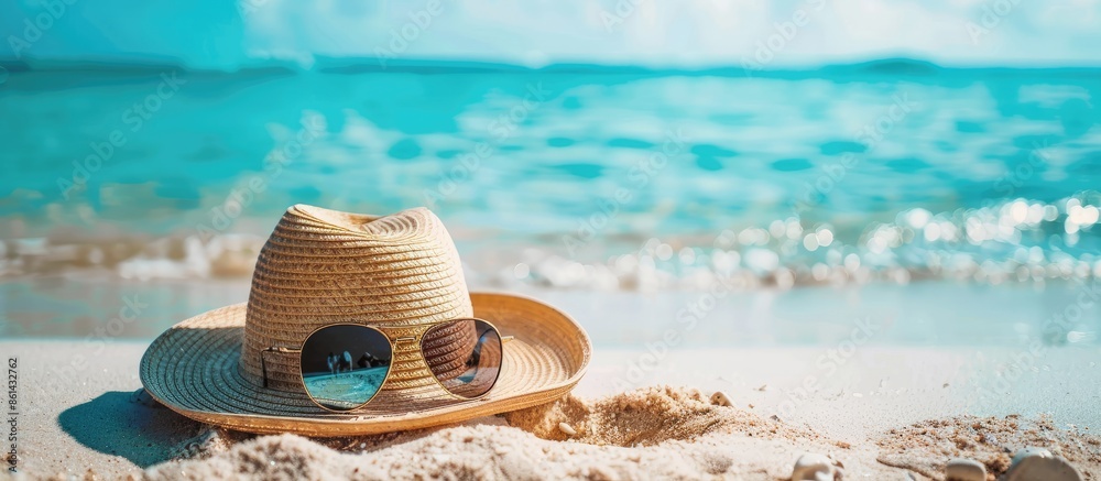 Poster beach essentials like a summer hat and sunglasses arranged neatly on the sand with a picturesque vie