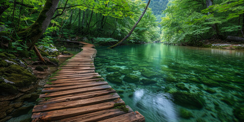 Obraz premium Tranquil Wooden Pathway Over Crystal Clear Forest River