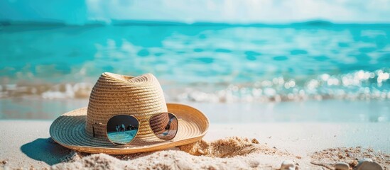 Beach essentials like a summer hat and sunglasses arranged neatly on the sand with a picturesque view of the ocean, inviting you to relax. image with copy space