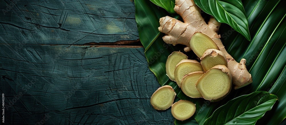 Aufkleber asian herb concept with fresh ginger root and slices placed on a green leaf backdrop on a wooden tab