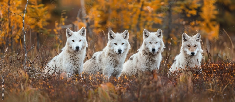 Poster arctic wolves in the fall with a copy space image.