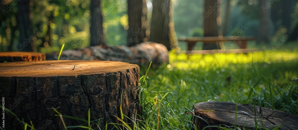 Poster Close-up of wooden logs with one in the grass, accompanied by a wooden table and bench in a forest setting, with wood featured as background and texture in the copy space image.
