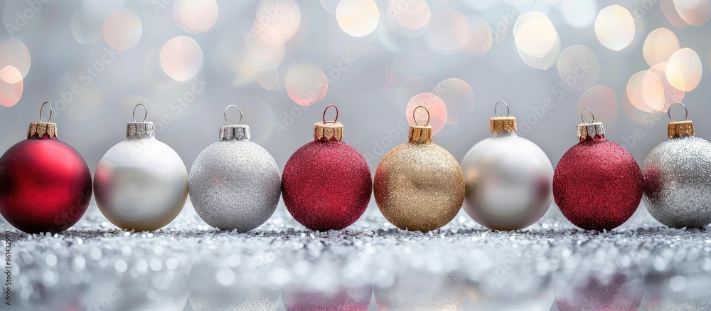 Poster festive christmas ornaments arranged on a shiny silver backdrop with copy space image.
