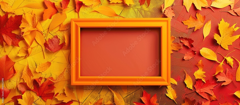 Poster Creative autumn-themed art design featuring an orange frame with copy space, set against a background of chopped yellow and red paper on the left and right sides.