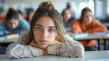 A girl with striking blue eyes and freckled face rests her head on her arms in a classroom setting, looking tired and bored, with other students in the background.