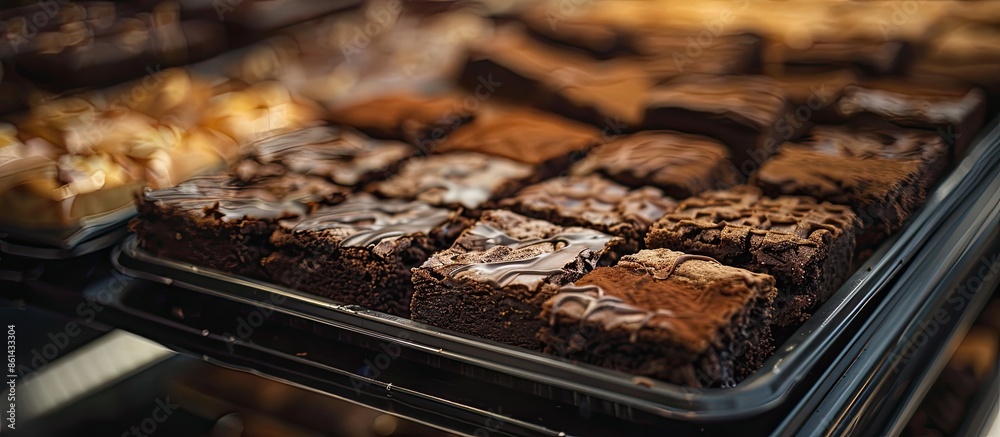 Aufkleber brownies are neatly arranged on a black tray in a shelf with a copy space image for sale.