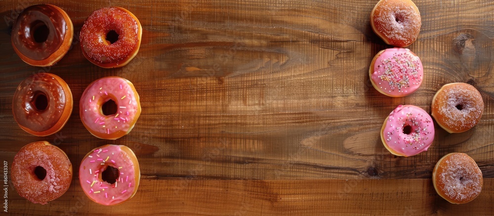 Poster donuts displayed on a wooden surface with copy space image.
