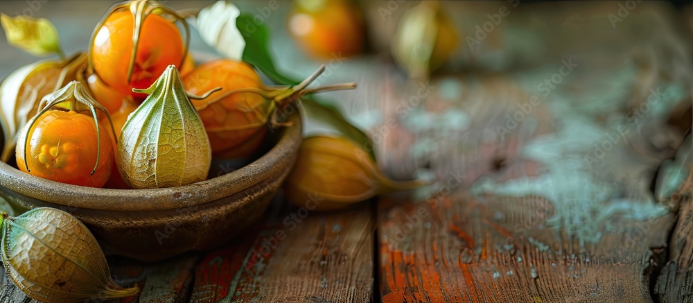 Poster Close-up of physalis fruits with their calyxes in a bowl on a wooden table, creating a copy space image.