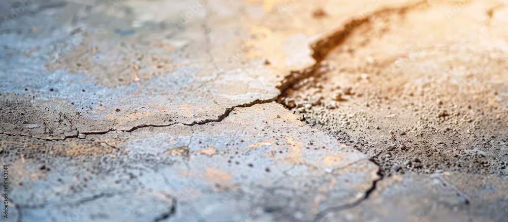 Poster Close-up of a crack on the cement surface at a building corner with copy space image.
