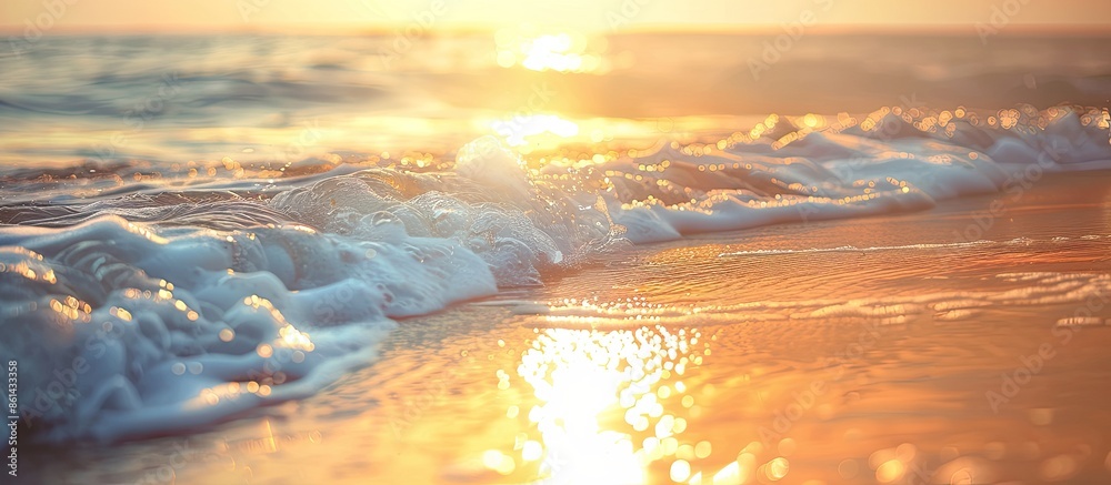 Poster abstract bokeh background of a sunset beach with soft waves and sunlight, creating a serene summer a