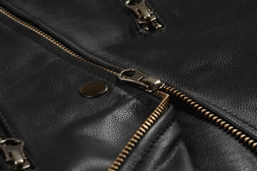 Close Up Of Genuine Leather Jacket And Zipper.
