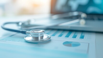 Close-up of a stethoscope on a financial document with blurred background, symbolizing healthcare and analytics in medicine.