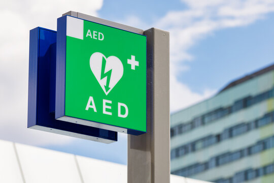 AED defibrillator information sign in Arnhem, The Netherlands