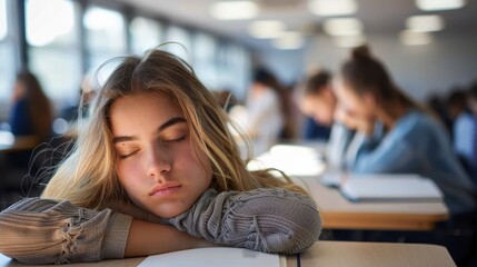 A female student is asleep on a desk in a brightly lit classroom, surrounded by other students who are engaged in their work, indicating a sense of fatigue and disengagement.