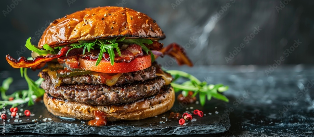 Poster delicious double bacon burger on a slate plate with copy space image.