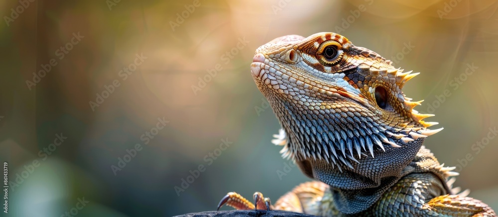 Poster Close-up image of a bearded dragon in Brisbane Botanic Gardens with a blank background for text or design additions. image with copy space