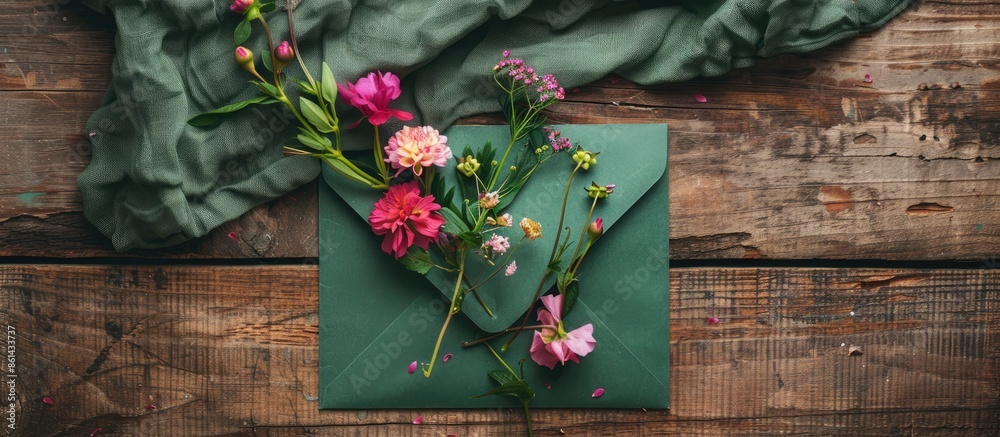 Poster Craft envelope adorned with vibrant flowers on wood, with a green napkin protruding, creating a visually appealing flat lay studio image. image with copy space