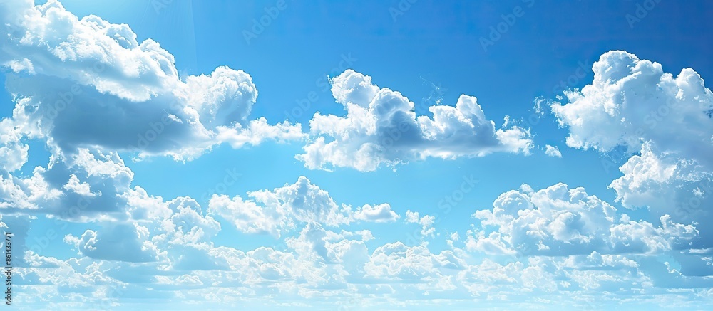 Poster Daytime scene showing white clouds set against a clear blue sky background with ample copy space image available.