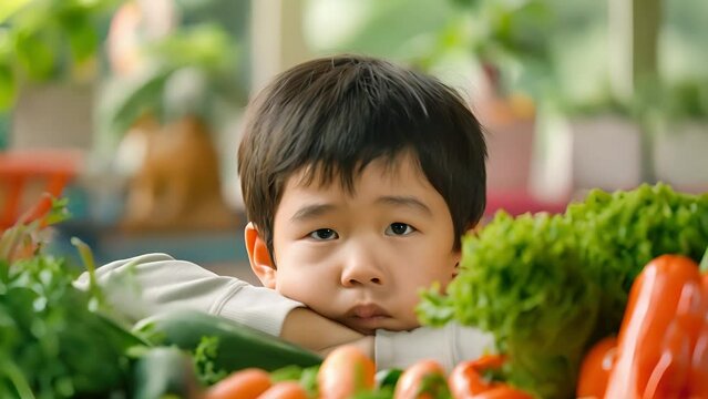 Asian a little boy frowning unhappy and don't like eating vegetables	
