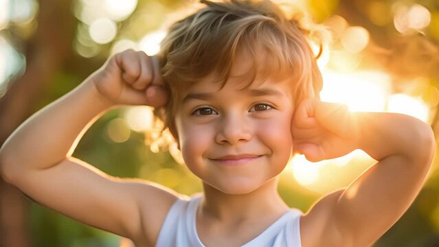 Smiling little boy flexing muscles and looking at camera feels healthy. Kid healthcare concept. Showing biceps, muscles	