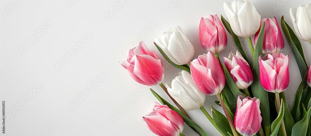 Poster close-up of a fresh bouquet showing pink and white tulips on a white backdrop with copy space image 